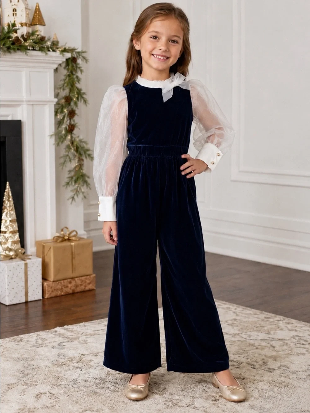 New! Janie and Jack Navy Velvet Jumpsuit with Sheer Puff Sleeves 39472